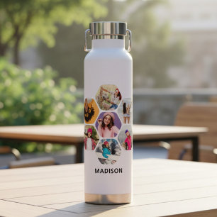 Multi Photo Collage Modern Personalised Name Water Bottle