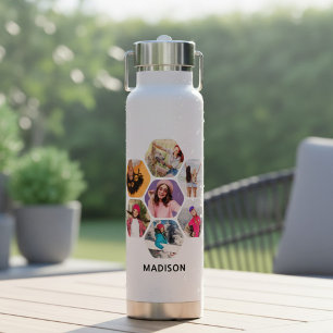 Multi Photo Collage Modern Personalised Name Water Bottle