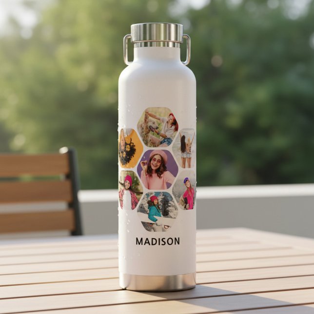 Multi Photo Collage Modern Personalised Name Water Bottle (Creator Uploaded)