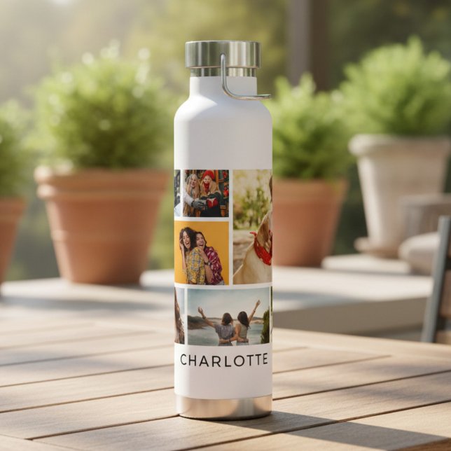 Multi Photo Collage Modern Personalised Name Water Bottle (Creator Uploaded)
