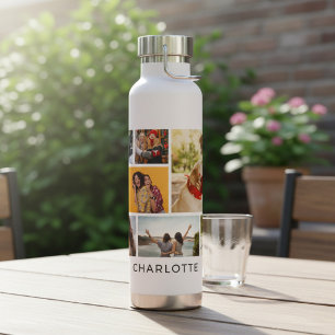 Multi Photo Collage Modern Personalised Name Water Bottle
