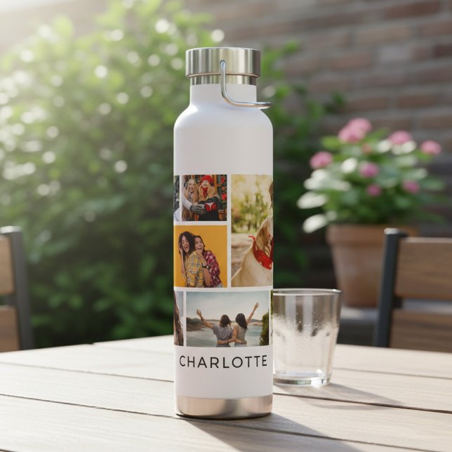 Multi Photo Collage Modern Personalised Name Water Bottle (Creator Uploaded)