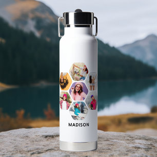 Multi Photo Collage Modern Personalised Name  Water Bottle
