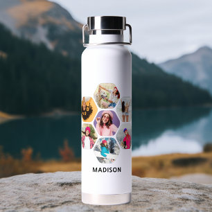 Multi Photo Collage Modern Personalised Name Water Bottle