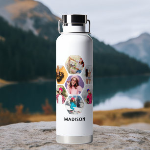 Multi Photo Collage Modern Personalised Name Water Bottle
