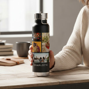 Multi Photo Collage Modern Personalized Name Water Bottle