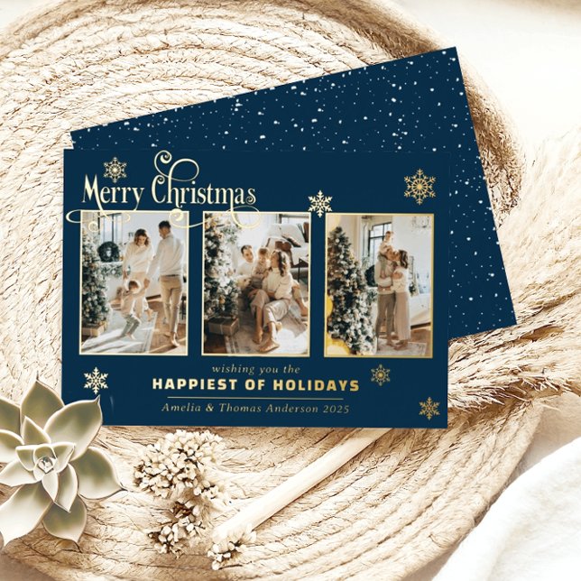 Multi Photo Collage Navy Blue Gold Foil Snow (Creator Uploaded)