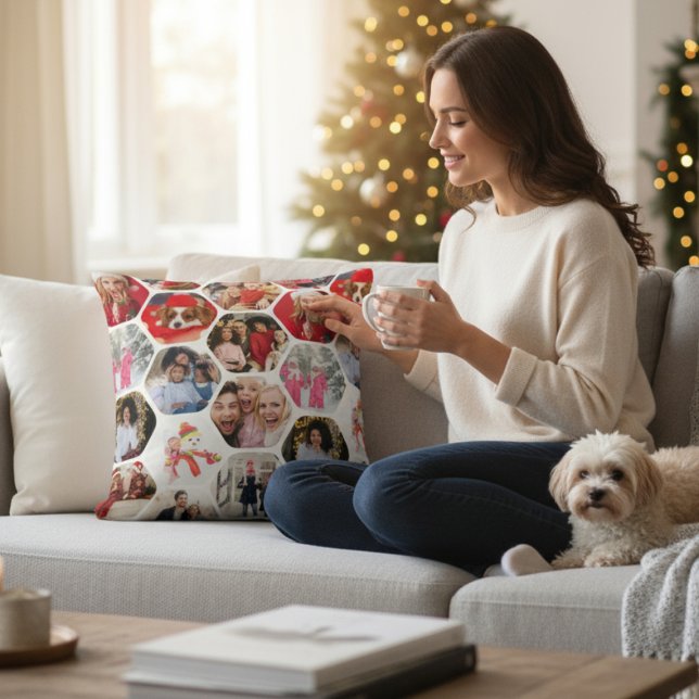 Multi Photo Collage Simple Modern Hexagon Pattern Cushion (Creator Uploaded)