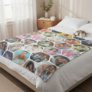 Multi Photo Collage Simple Modern Hexagon Pattern Fleece Blanket