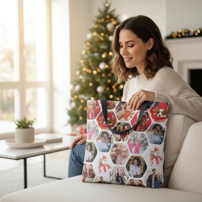 Multi Photo Collage Simple Modern Hexagon Pattern Tote Bag (Creator Uploaded)