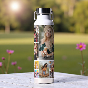 Multi Photo Collage Simple Modern Personalised Water Bottle