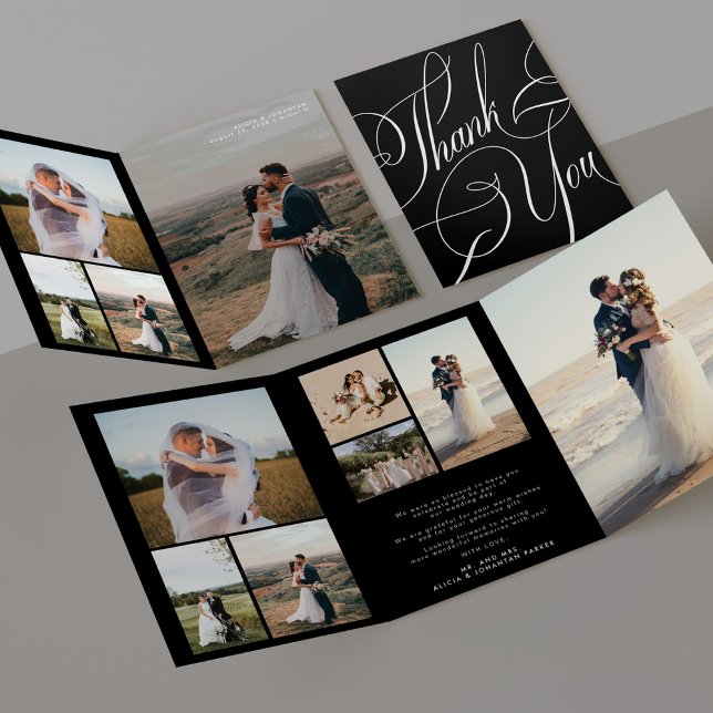 Multi photo elegant script wedding thank you card (Creator Uploaded)