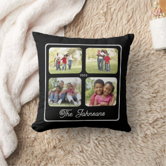 Multi Photo Family Name Elegant Calligraphy Black Cushion