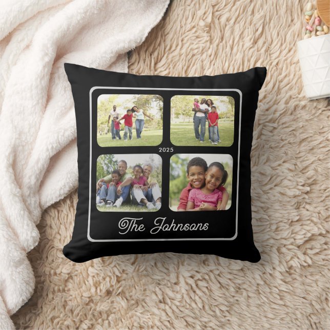 Multi Photo Family Name Elegant Calligraphy Black Cushion (Blanket)