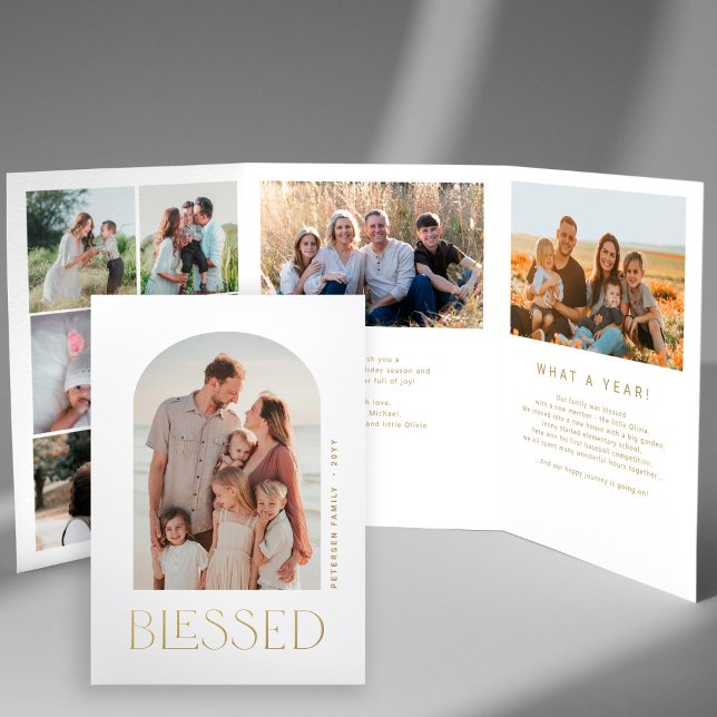 Multi photo family year in review gold typography Tri-Fold holiday card (Creator Uploaded)