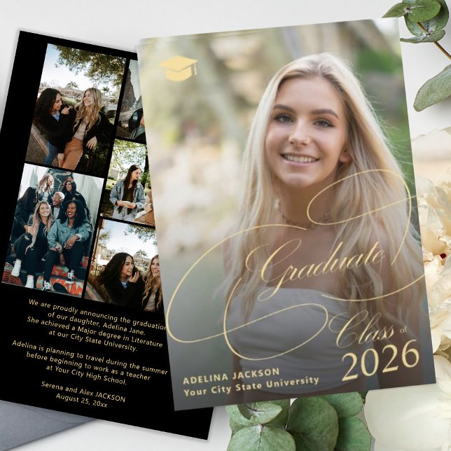 Multi photo gold black graduate script graduation announcement (Creator Uploaded)