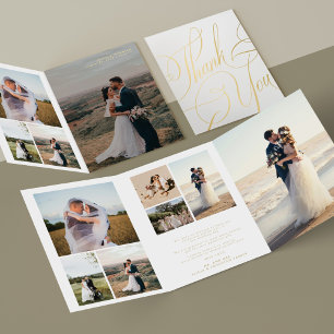 Multi photo gold script wedding thank you card