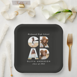 Multi photo grad black modern elegant party decor paper plate
