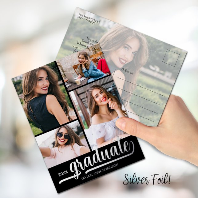 Multi Photo Graduation Party Foil Invitation Postcard (Creator Uploaded)