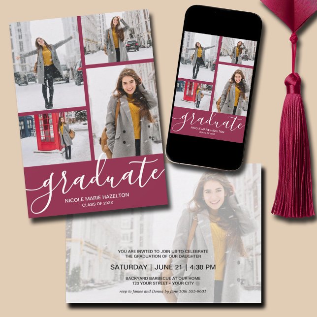 Multi Photo Graduation Party Invitation (Multi Photo Maroon Graduation Party Invitations - PRINTED and/or INSTANT DOWNLOAD)
