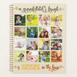Multi Photo Grandchild Quote for Grandparent Planner<br><div class="desc">Planner with custom photo collage on the front cover, created with 16 of your favourite photos. The design features the quote "a grandchild's laugh is sunshine in the house". It is lettered in ornate calligraphy with love hearts and an ombre colour palette of olive green through sunny yellow and burnt...</div>