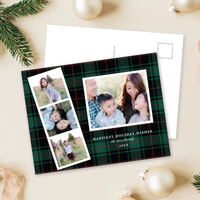 Multi-Photo Green Black Tartan Plaid Holiday Card (Creator Uploaded)