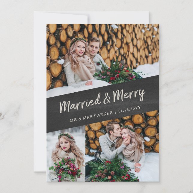 Multi Photo | Married and Merry Chalkboard Look Holiday Card (Front)