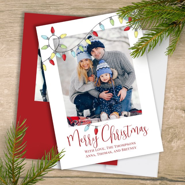 Multi Photo Merry Christmas String Lights Holiday Card (Merry Christmas cute calligraphy script two photo greeting card template. )