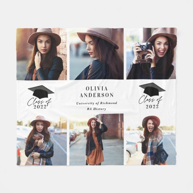 Multi photo modern black white script graduation f fleece blanket (Front (Horizontal))