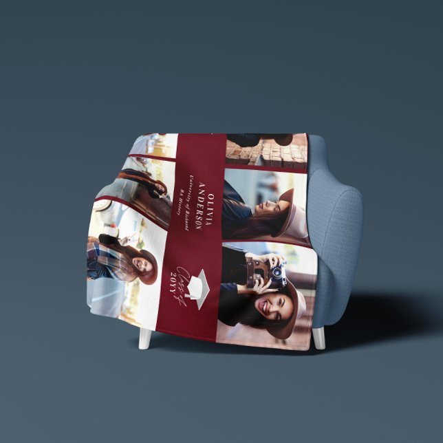 Multi photo modern burgundy script graduation flee fleece blanket (Creator Uploaded)