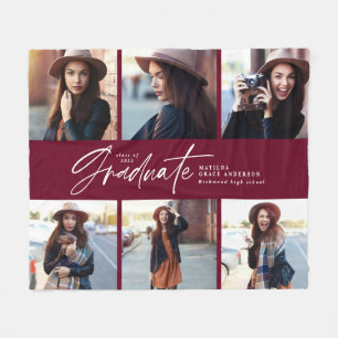 Multi photo modern burgundy script graduation fleece blanket