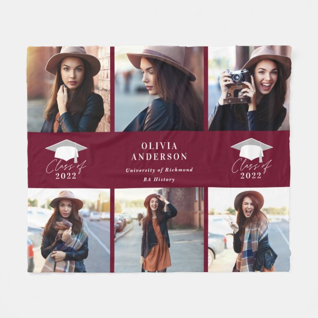 Multi photo modern burgundy script graduation fleece blanket (Front (Horizontal))