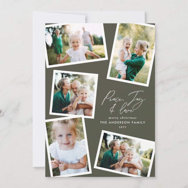 Multi photo modern elegant olive green party holiday card (Front)