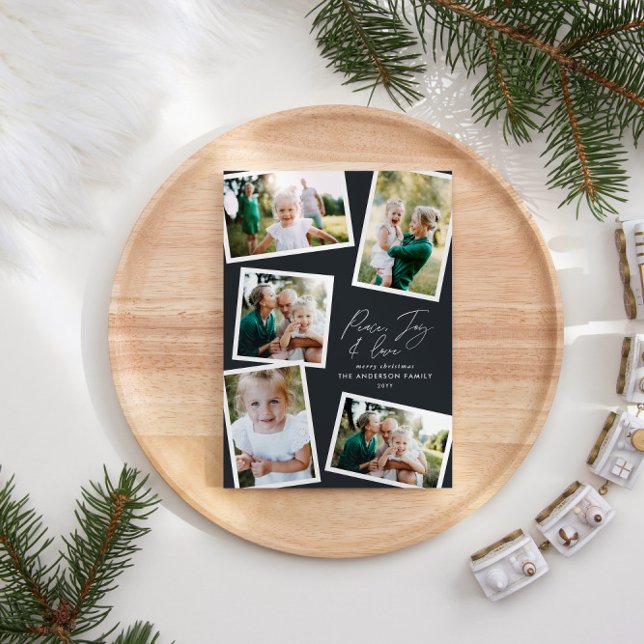 Multi photo modern elegant script black  holiday card (Creator Uploaded)
