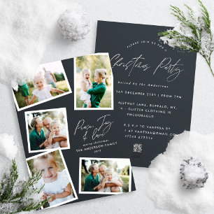 Multi photo modern elegant script black party holiday card
