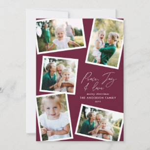 Multi photo modern elegant script burgundy holiday card