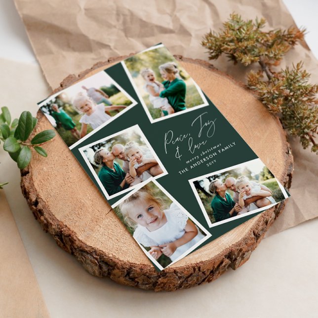 Multi photo modern elegant script green holiday card (Creator Uploaded)