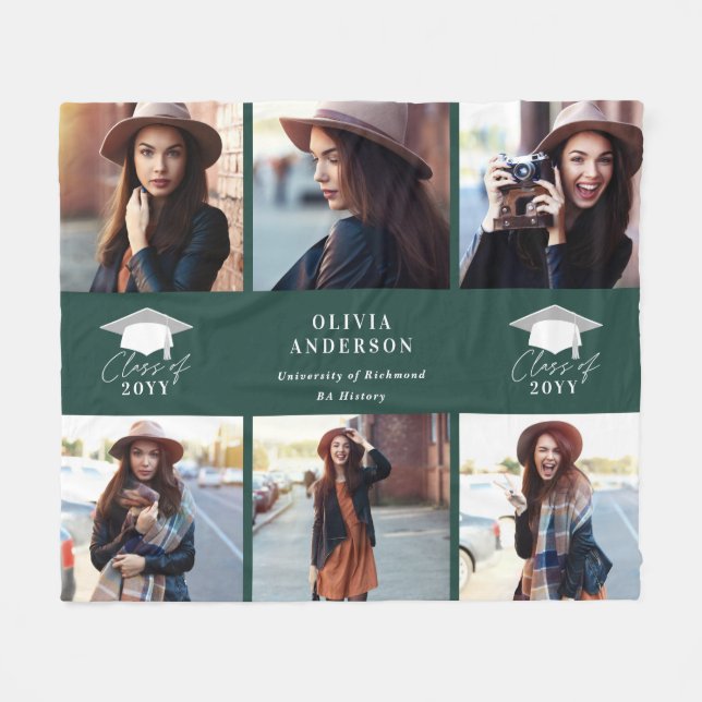 Multi photo modern green script graduation fleece blanket (Front (Horizontal))