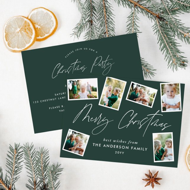 Multi photo modern merry christmas script green holiday card (Creator Uploaded)