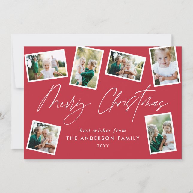 Multi photo modern merry christmas script red holiday card (Front)
