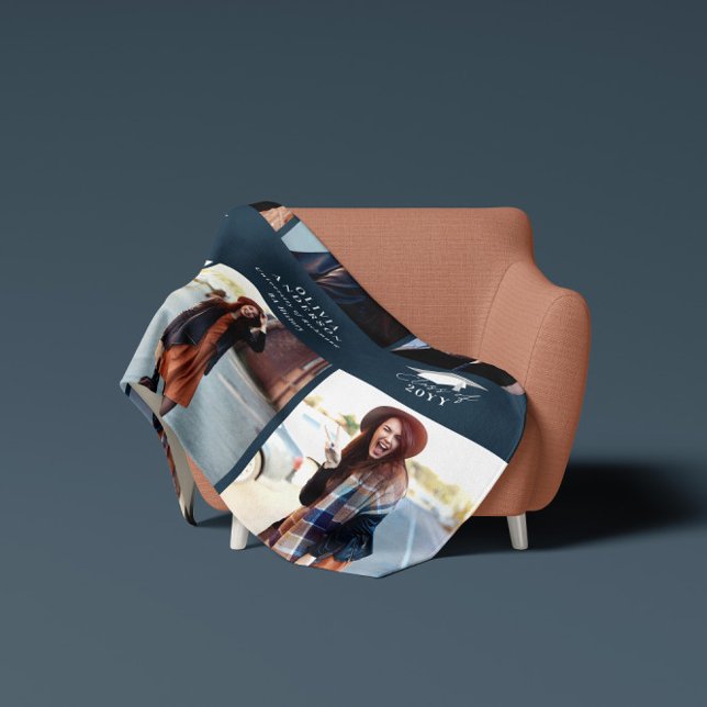 Multi photo modern navy blue script graduation fleece blanket (Creator Uploaded)