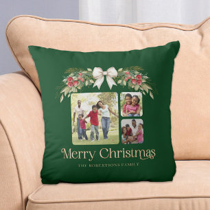 Multi Photo Modern Script Merry Christmas Cushion