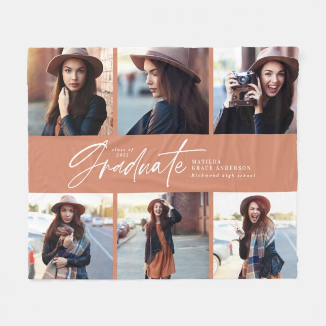 Multi photo modern terracotta script graduation fleece blanket (Front (Horizontal))