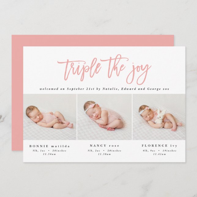 Multi photo modern triplet birth announcement (Front/Back)
