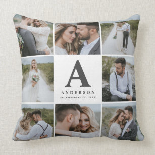 Multi photo monogram wedding family gift cushion
