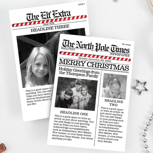 Multi Photo North Pole News Christmas Cute Merry Holiday Card (Christmas whimsical cute photo card with a fun Newspaper Style. A three-photo template card. )