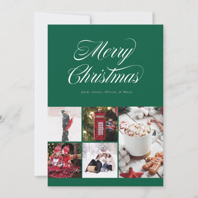 Multi photo Pretty Cursive Green Holiday Card (Front)