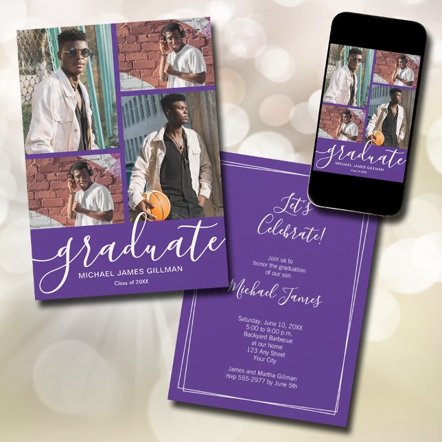Multi Photo Purple Graduation Announcement (Modern script 4 photo purple graduation announcements - PRINTED and/or INSTANT DOWNLOAD)