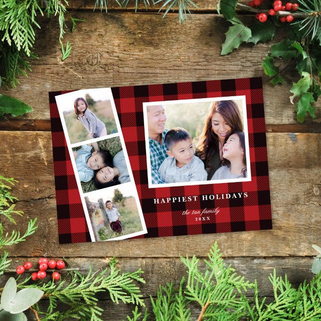 Multi-Photo Red Black Buffalo Plaid Holiday Card (Creator Uploaded)