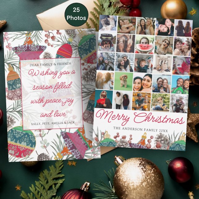 Multi Photo Red & Green Botancial Christmas Holiday Card (Creator Uploaded)